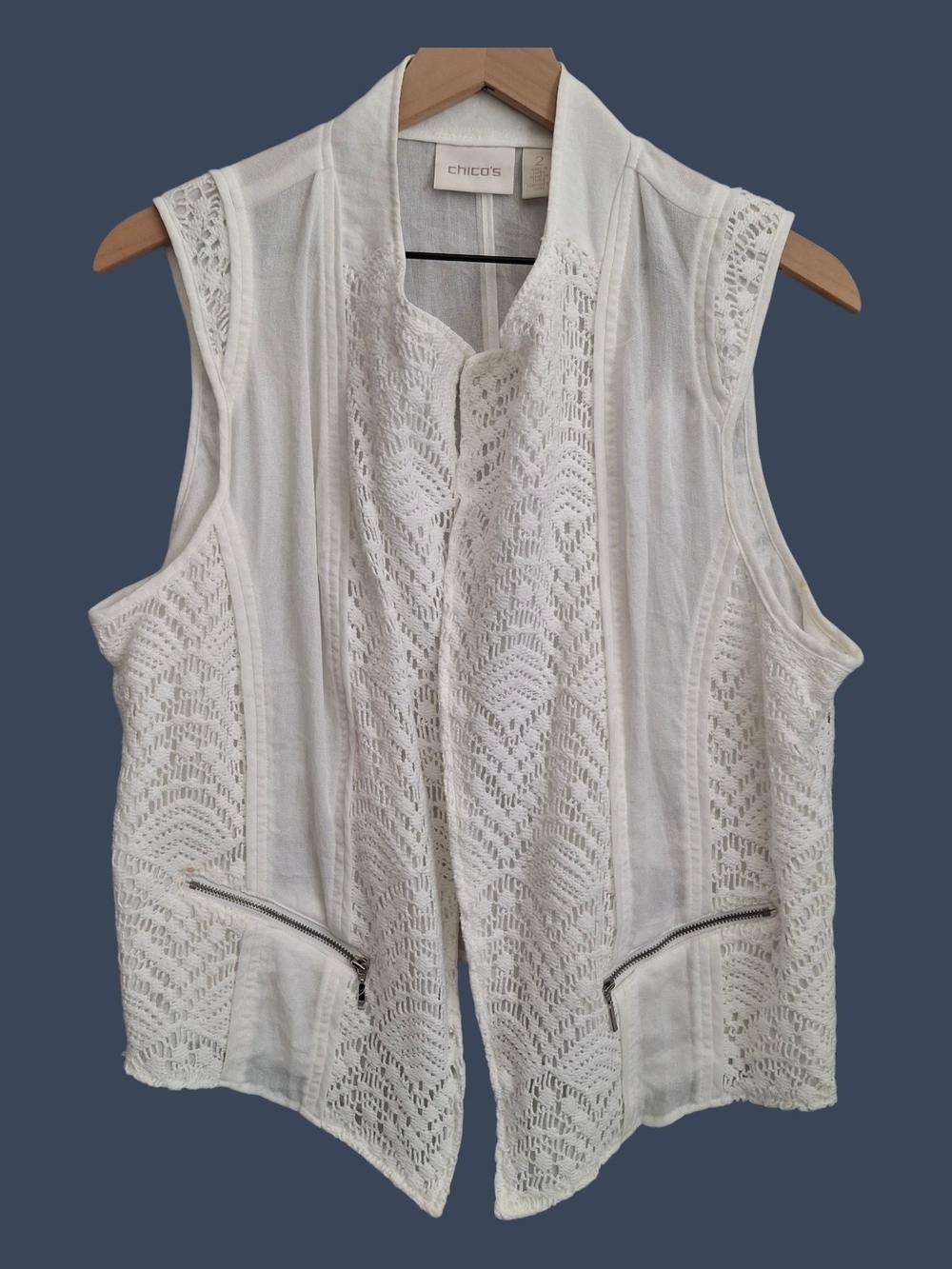 Chico's Cream Lace Open-Front Sleeveless Tunic Vest - Size 2 (L)